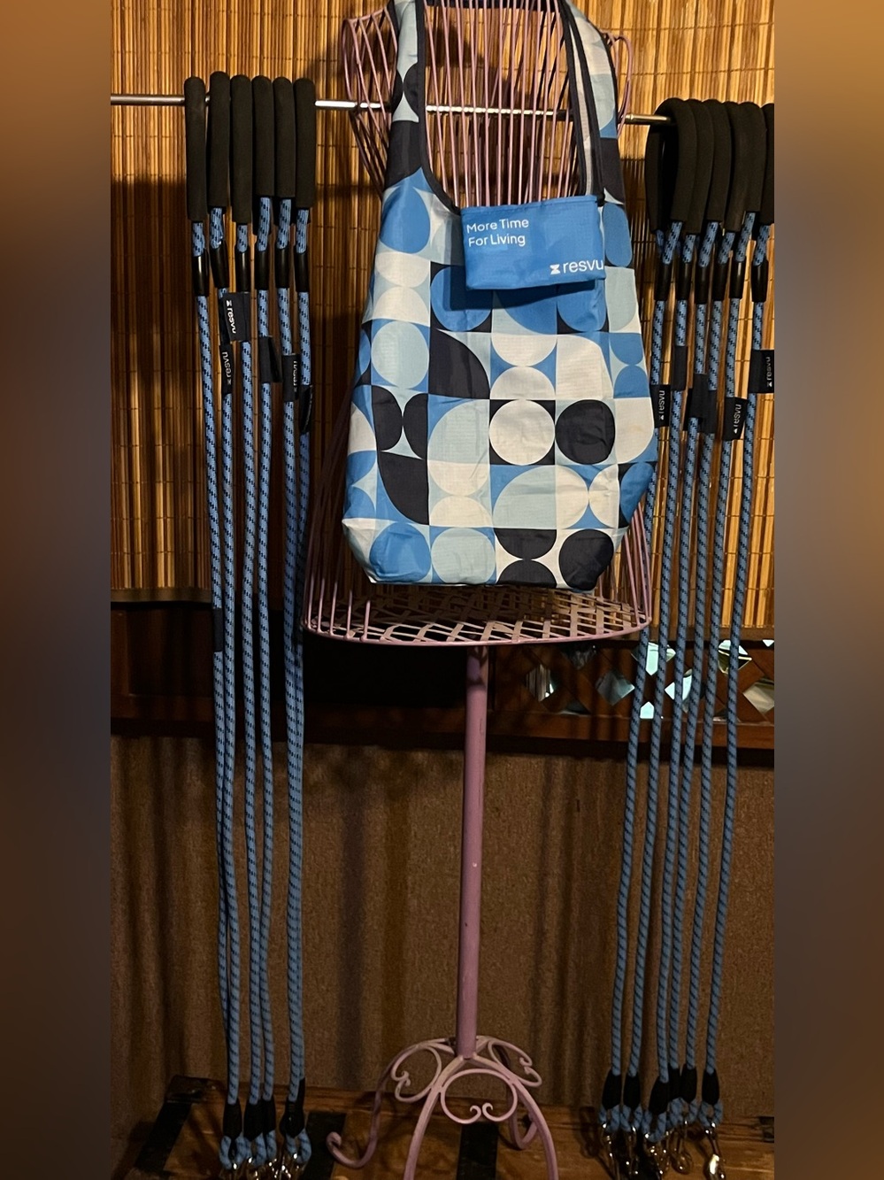 Lot of 12x 4’ blue 1/2” rope leashes w/ padded handle, metal hook, and bag